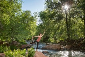 A woman practicing yoga on a rock alongside a stream as the sun peers through the trees.