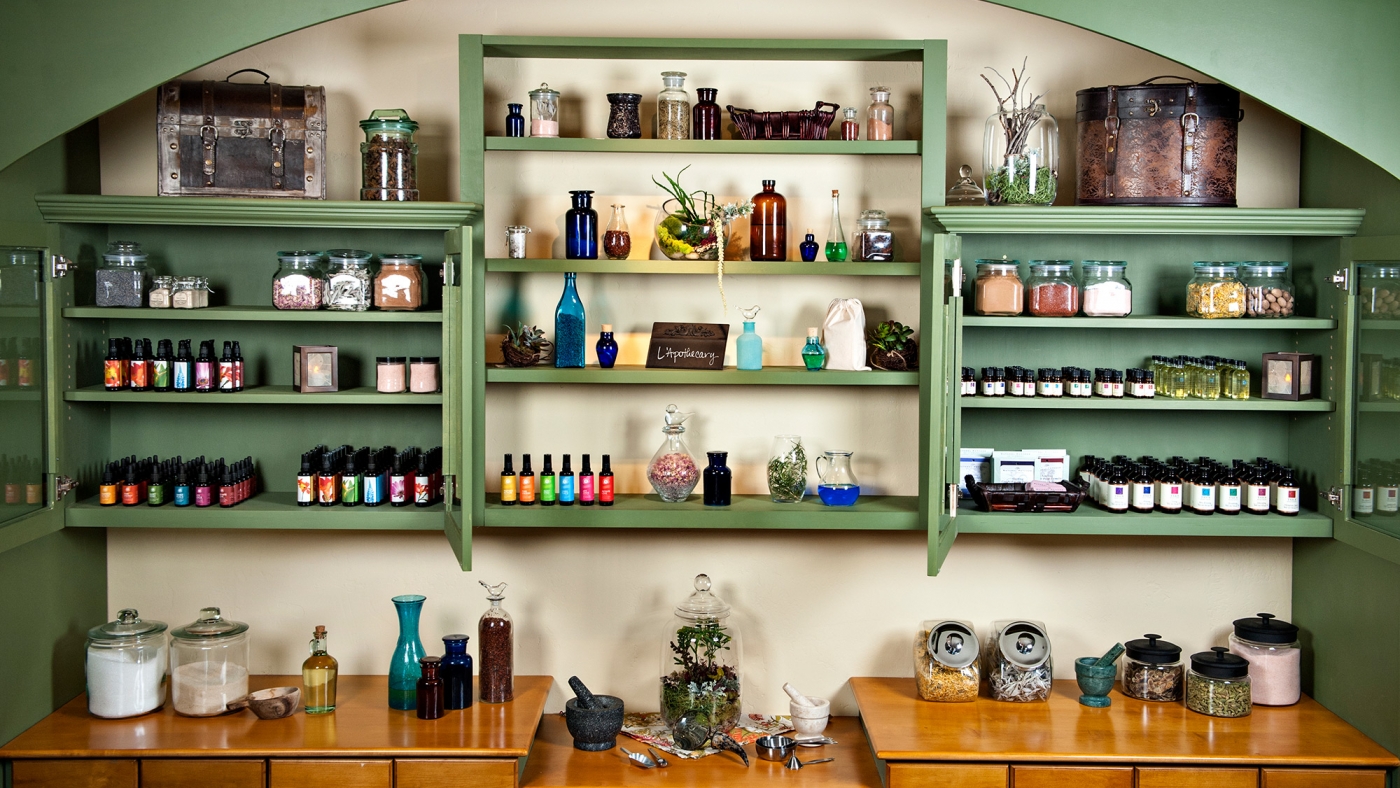 Shelves of apothecary supplies and ingredients