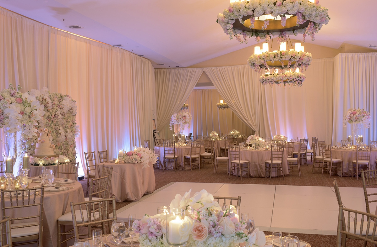 Monet Ballroom decorate in white for a wedding, lit by candles.