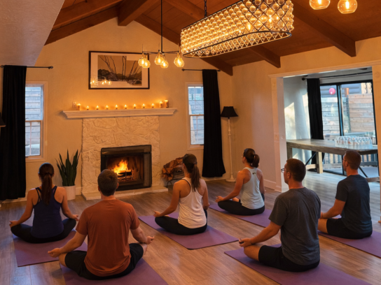 Artist Cottage Yoga Setup with Fireplace