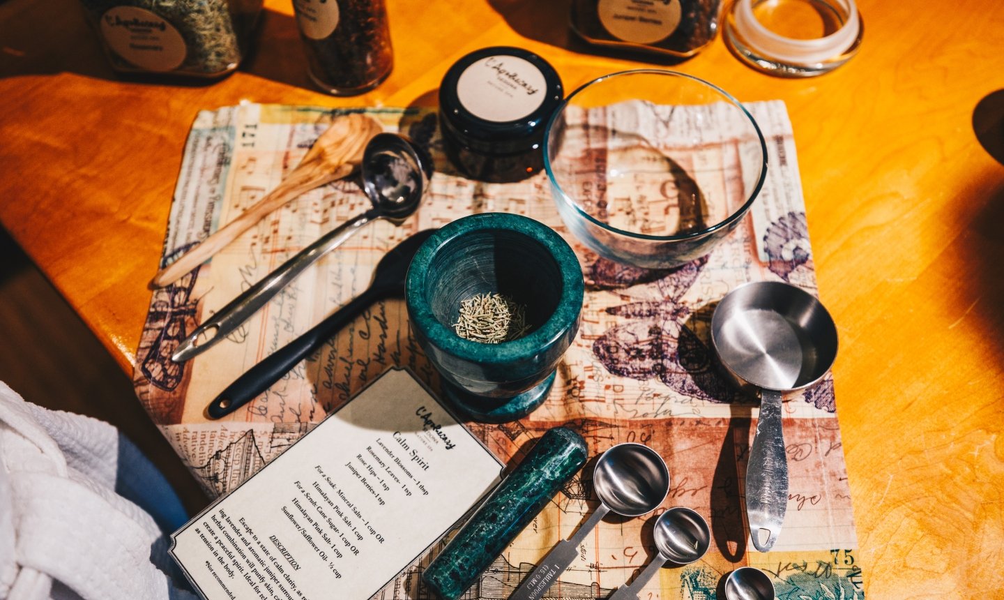 Mortar and pestle and recipe at L'Apothecary spa