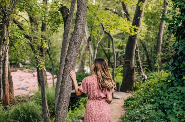 A woman in a pink floral dress, seen from behind, walks on a path through a lush, sunlit forest.