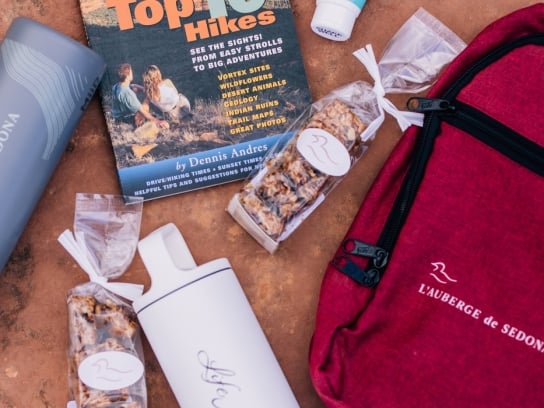 Bag, granola bars, water bottle