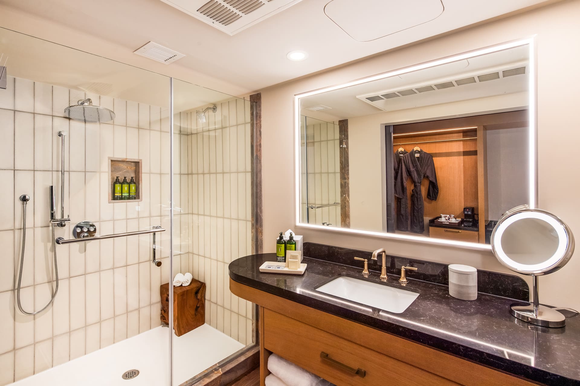A modern bathroom with a shower, sink, and mirror
