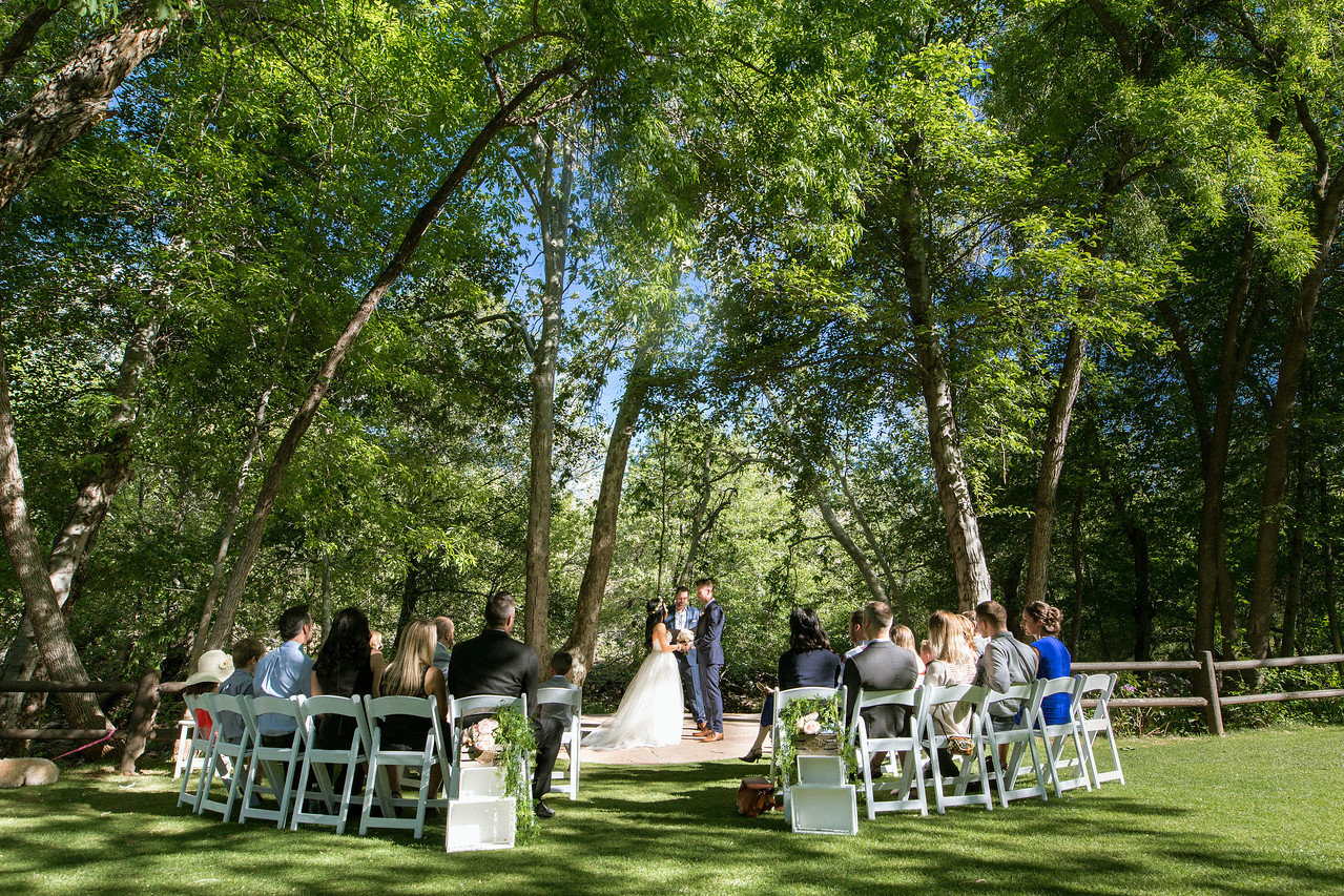 A wedding ceremony on a green lawn, with guests seated in white chairs facing the couple under a canopy of leafy trees.