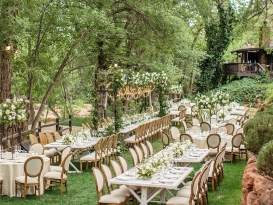 Elegant outdoor wedding reception with long white tables and cushioned chairs, set on a lush green lawn among tall trees.