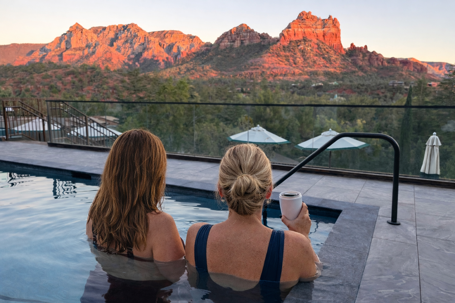 Duck Pond Sunset Females in the pool with a drink in hand.