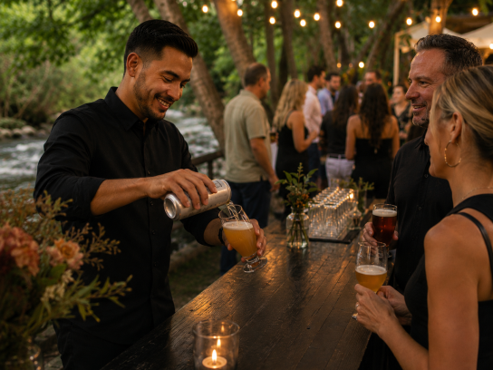 Cress Beer Dinner with Bartender pouring a couple their beers