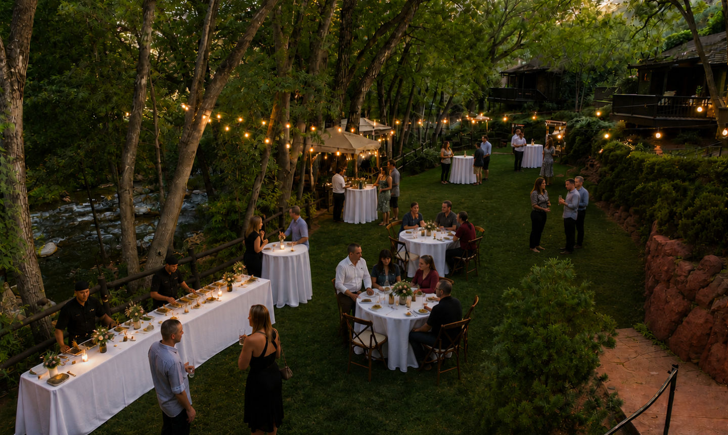 Beer Dinner on Cottageside Lawn with cocktail tables and food stations along the creek