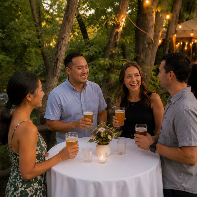 Beer Dinner on Cottageside Lawn with 4 guests at a cocktail table along the creek with beer glasses