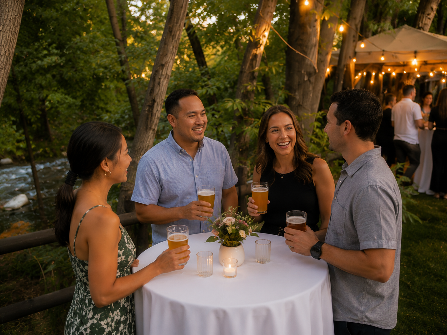 Beer Dinner on Cottageside Lawn with 4 guests at a cocktail table along the creek with beer glasses