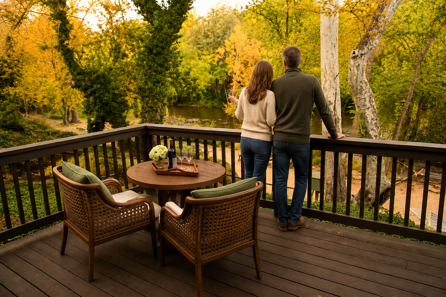 A couple stands on a wooden deck overlooking a body of water, surrounded by trees with autumn foliage.