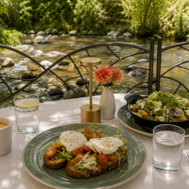 Cress Breakfast at a creekside table