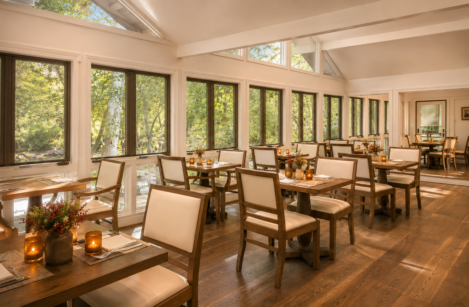 Cozy sunlit restaurant with large windows, wooden tables and cream upholstered chairs, candles on tables.