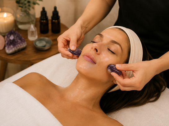 Woman lying with eyes closed during a spa facial, receiving amethyst stone cheek massage.